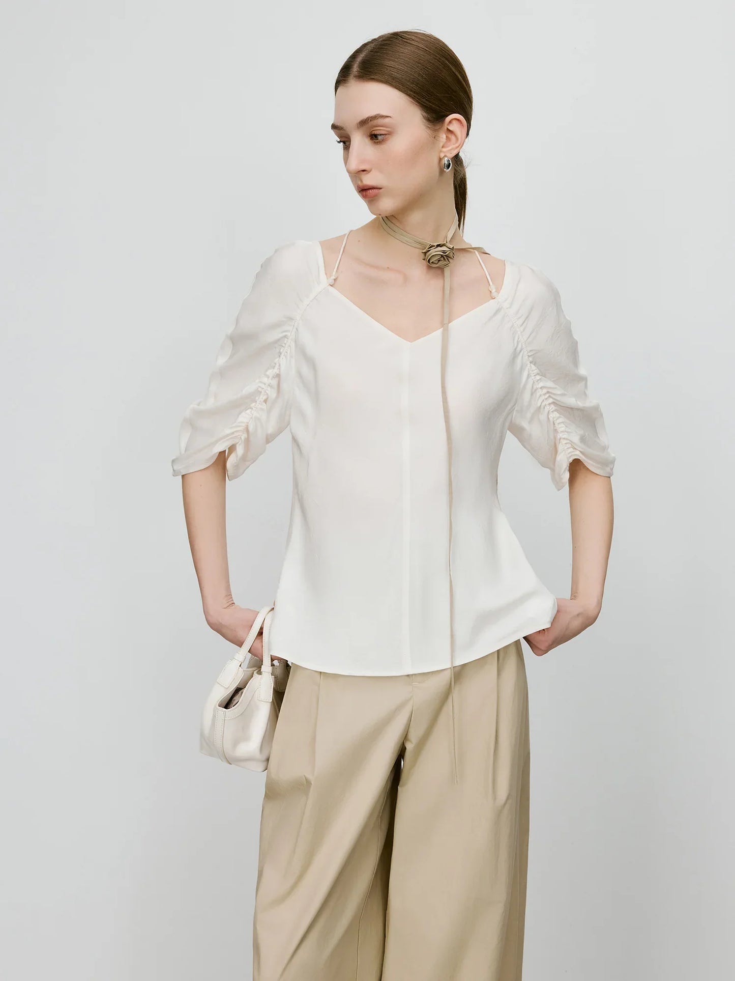 Saviig Pleated White Acetate Shirt Female Summer 2025 Collection
