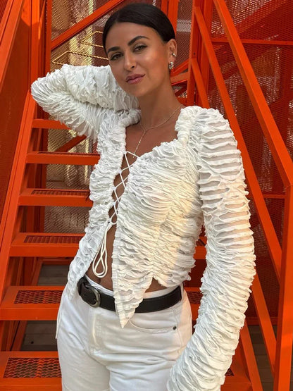 Saviig Ruffled Lace-Up Patchwork Tee Coat White Women's Cropped Top