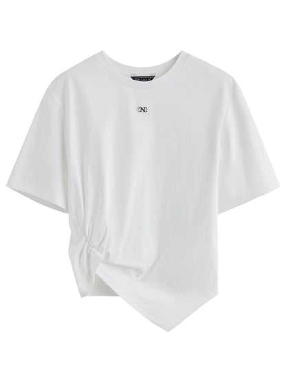 Saviig Short-sleeved Twisted Pleated T-shirt: Design-inspired Asymmetric Solid Color for Women