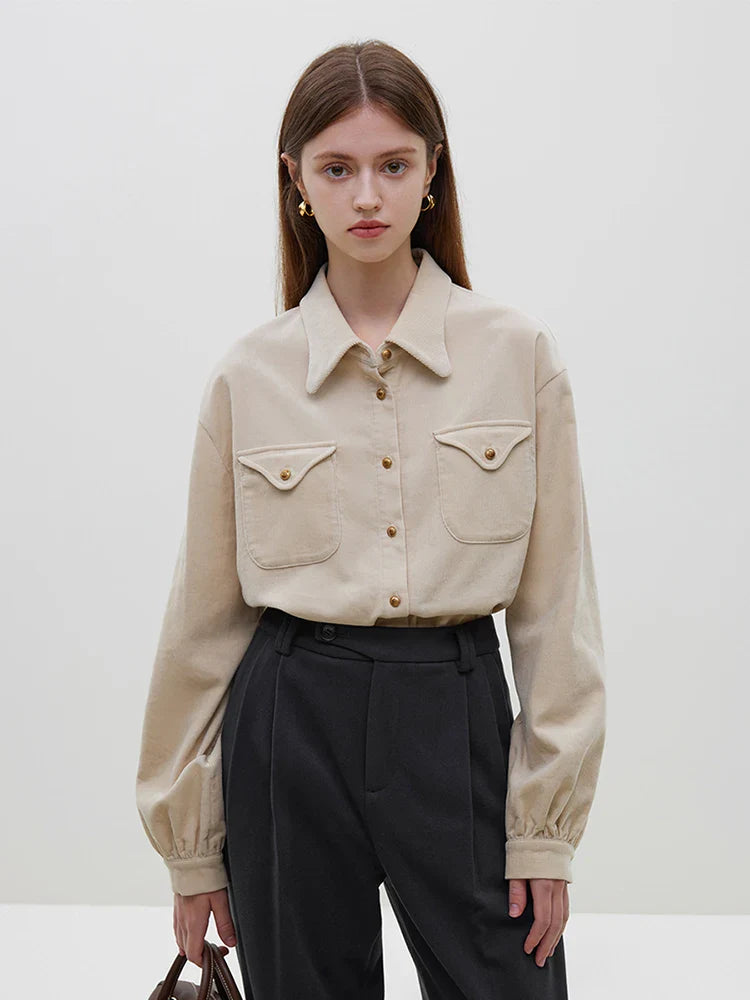 Saviig Corduroy Shirt: French Art Design Solid Long Sleeve Women's Shirt