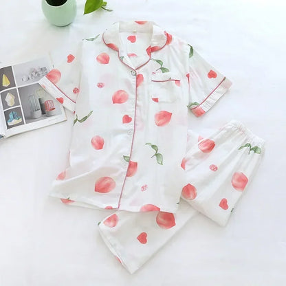 Saviig Cotton Gauze Women's Pajama Set: Short-Sleeve Top & Pants, Cute & Lightweight