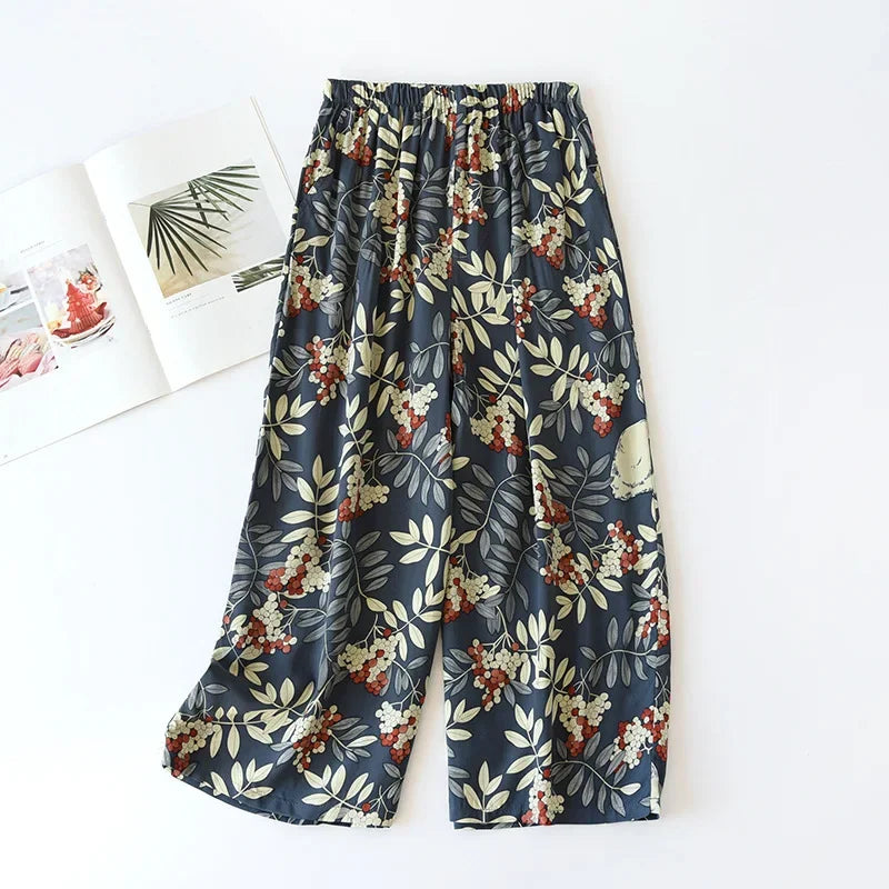 Saviig Summer Viscose Wide Leg Pajama Cropped Pants Plus Size