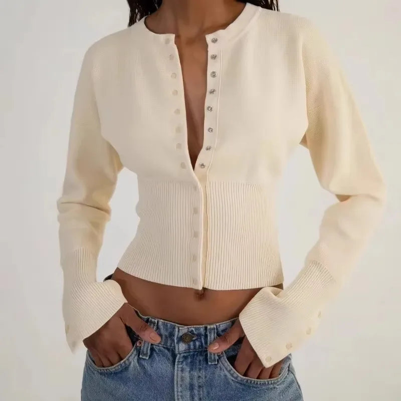 Saviig High Waist Round Neck Cardigan Short Sweater Top Slim Fit