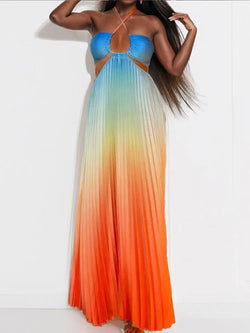 Saviig Printed Gradient Halter Long Dress Hollow Out Vacation Robe