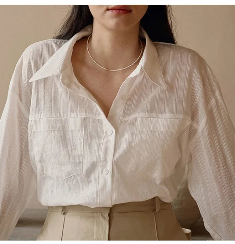 Saviig White Cotton Shirt: Women's Long Sleeve Button-Up Blouse