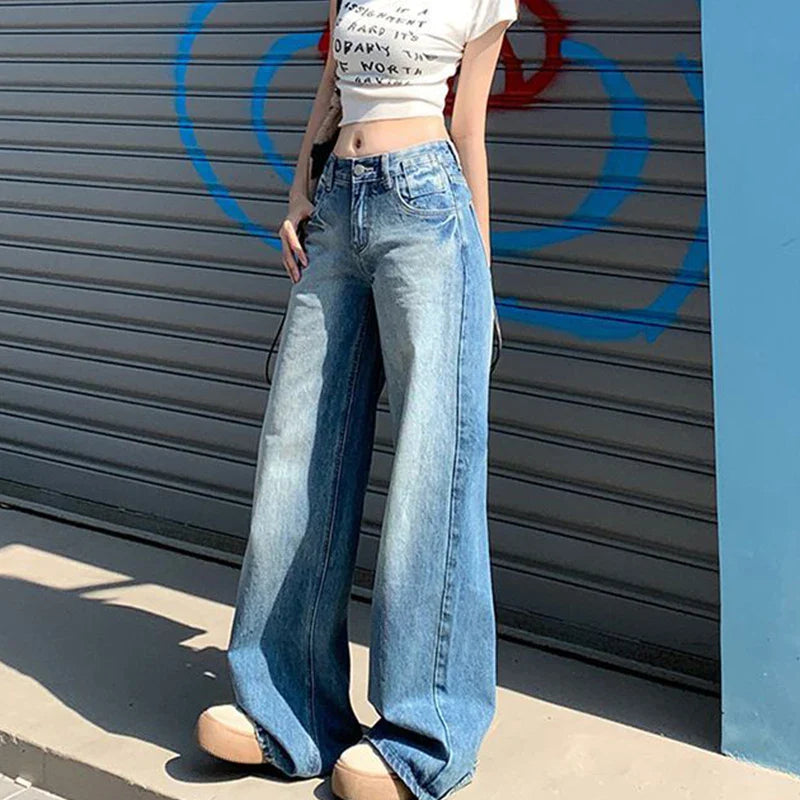 Saviig Vintage Blue Wide Leg High Waist Jeans - All-Match Baggy Denim Trousers
