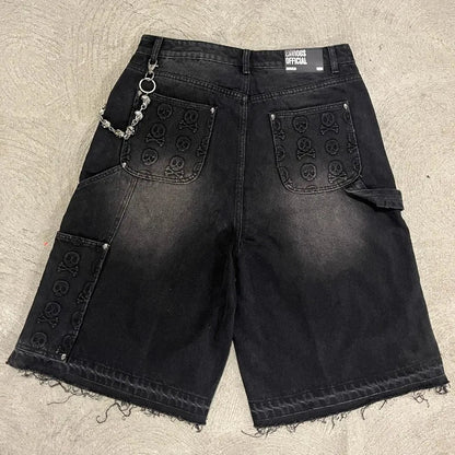 Saviig Vintage Skull Print Baggy Denim Shorts Women Gothic Hip Hop Oversized Shorts