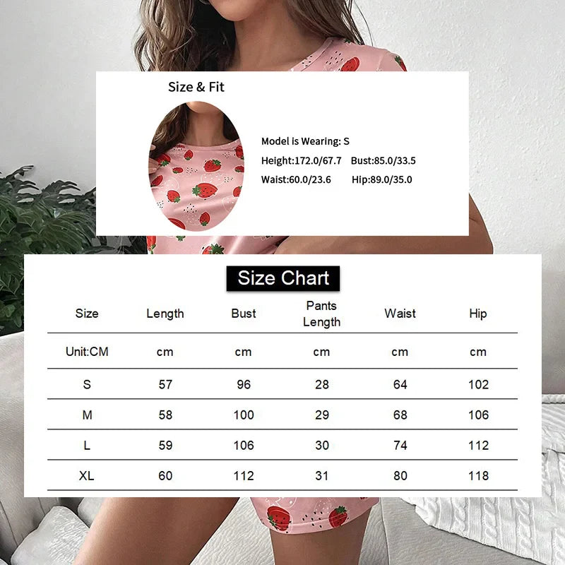 Saviig Strawberry Print Pajama Set: Short Sleeve Top & Shorts, Soft & Comfortable