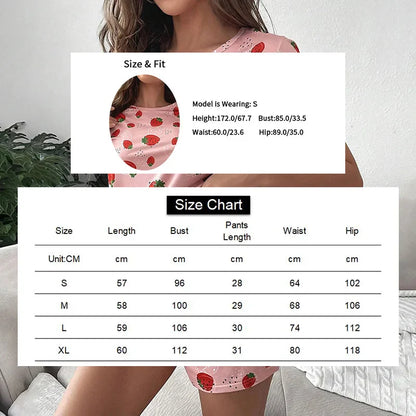 Saviig Strawberry Print Pajama Set: Short Sleeve Top & Shorts, Soft & Comfortable