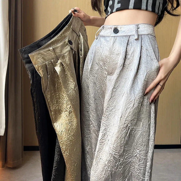 Saviig Wrinkled Straight Pants Women High Waist Wide Leg Trousers Silver Gold