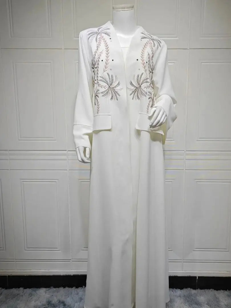 Saviig Luxury White Muslim Eid Kebaya Kaftan Abaya Modest Kimono Robe for Women