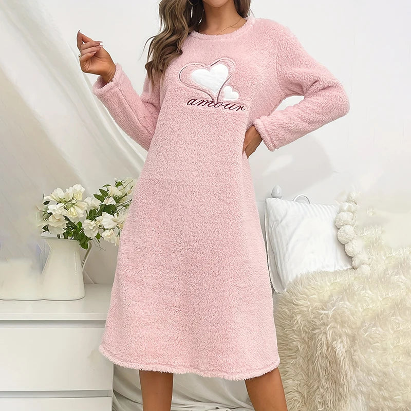 Saviig Plush Winter Nightgown, Soft Long Sleeve Pajama Dress for Women