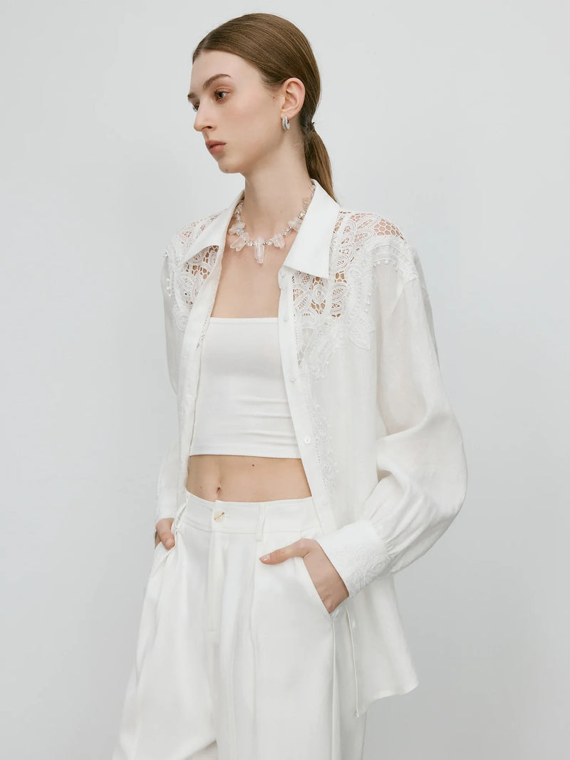 Saviig Minimalist Linen Lace White Shirt - 2025 Summer Embroidered Chic Soft Top