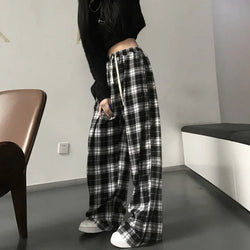 Saviig Harajuku Plaid Pants: Black and White Unisex Wide Leg Trousers