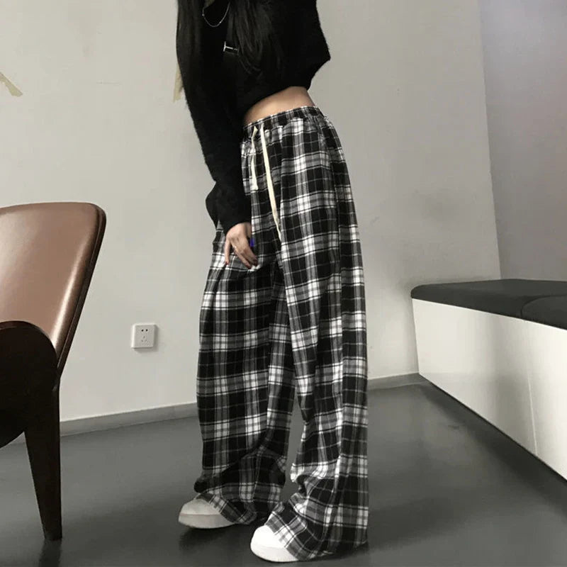 Saviig Harajuku Plaid Pants: Black and White Unisex Wide Leg Trousers