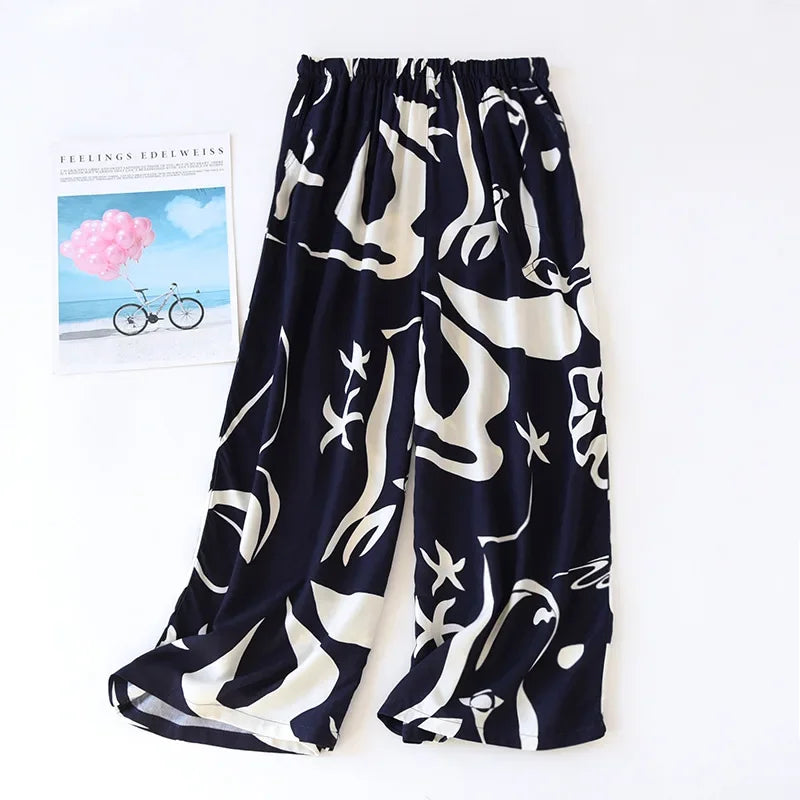 Saviig Summer Viscose Wide Leg Pajama Cropped Pants Plus Size