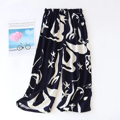 Saviig Summer Viscose Wide Leg Pajama Cropped Pants Plus Size