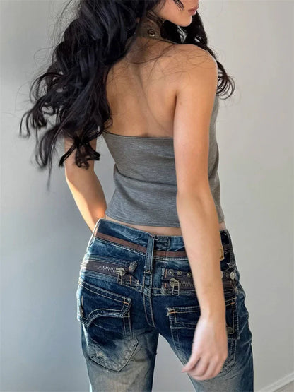 Saviig Summer Hollow Out Metallic Tank Top - Backless Cropped Y2K Vest