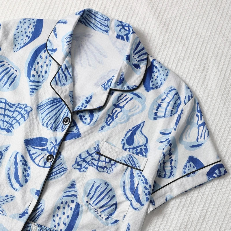 Saviig Women's Shell Print Pajama Set Top & Soft Shorts Relax Fit Loungewear
