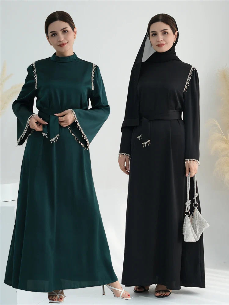 Saviig Ramadan Satin Diamond Abaya Dress for Muslim Women
