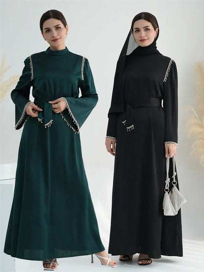 Saviig Ramadan Satin Diamond Abaya Dress for Muslim Women