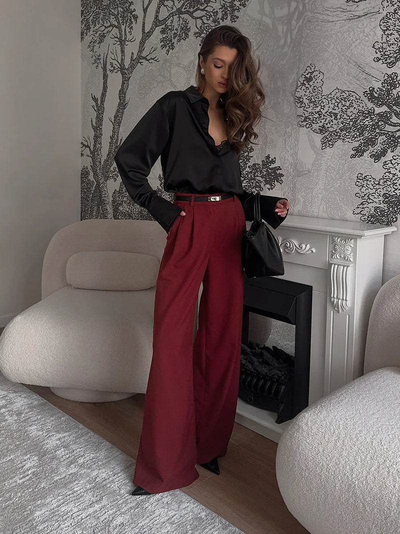 Saviig Burgundy Wide Leg Pants High Waisted Pleated Trousers