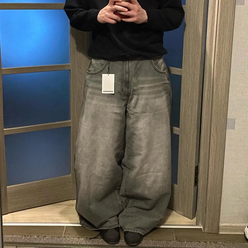 Saviig Black Washed Baggy Jeans: High Waist Wide Leg Pants