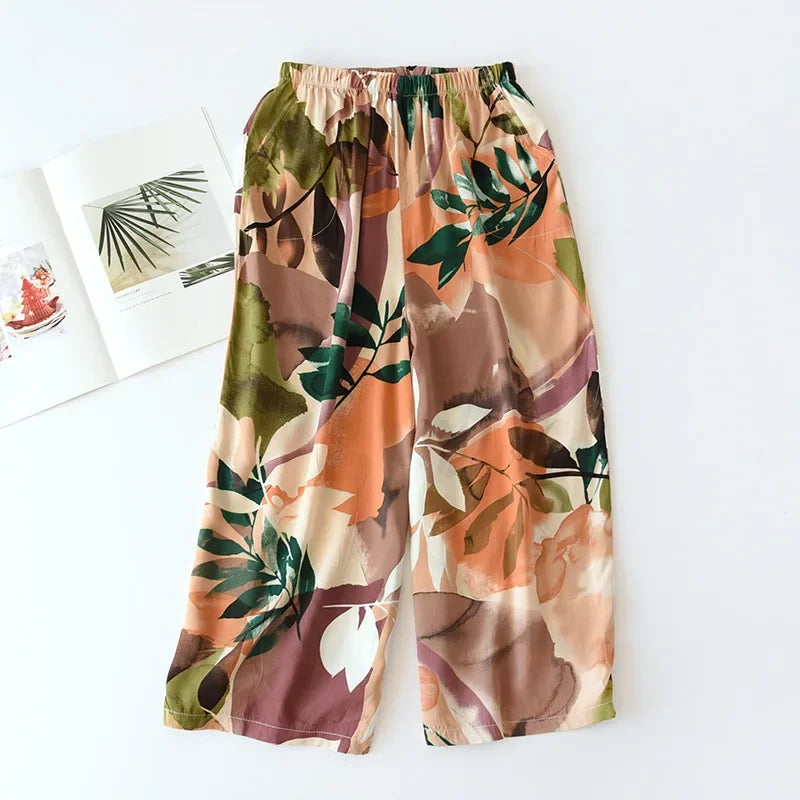 Saviig Summer Viscose Wide Leg Pajama Cropped Pants Plus Size