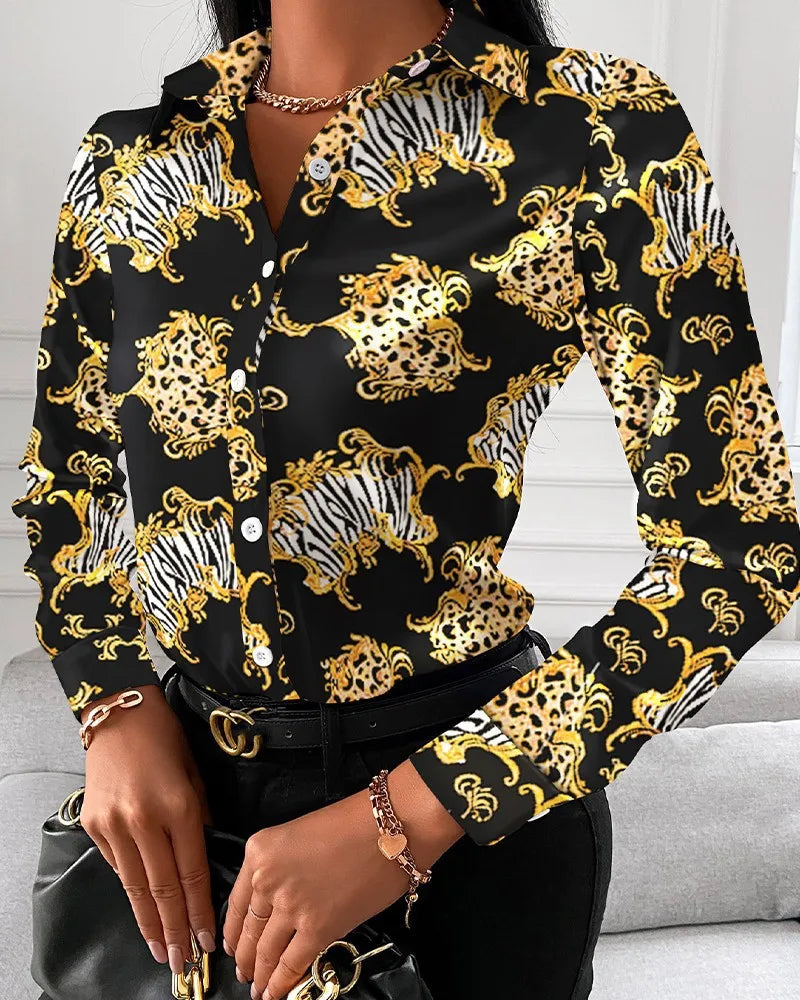 Saviig V-Neck Retro Print Elegant Blouse for Women Slim Fit Office Lady Shirt
