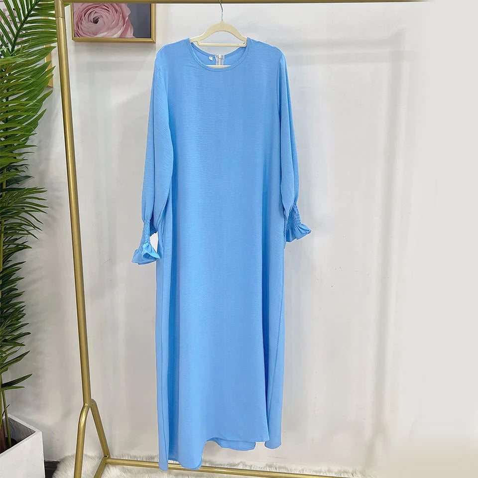 Saviig Abaya Inner Long Dress with Smocked Cuffs - Modest Muslim Woman Casual Robe