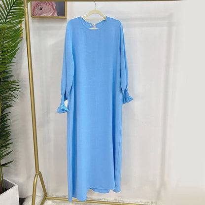 Saviig Abaya Inner Long Dress with Smocked Cuffs - Modest Muslim Woman Casual Robe