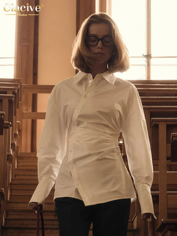Saviig Slim Fit White Cotton Women's Shirt - Elegant Bodycon Lapel Top
