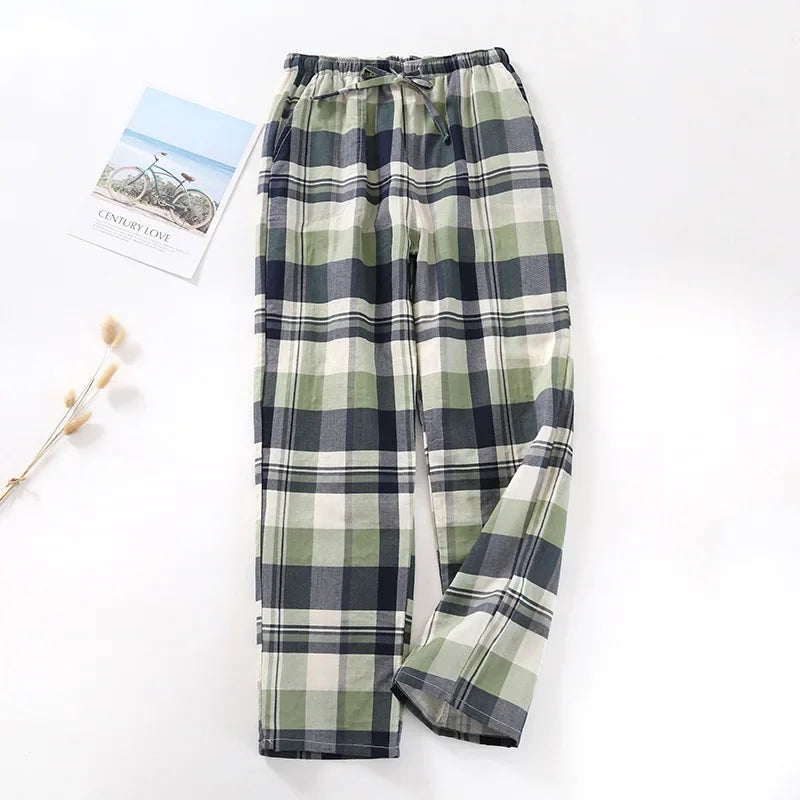 Saviig Plaid Cotton Gauze Sleep Pants for Couples