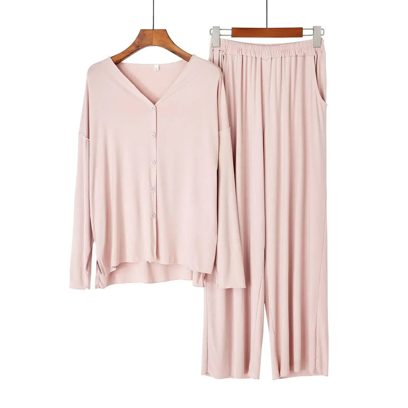 Saviig Cotton Pajama Set, Solid Color Cardigan & Long-Sleeve Pants for Women