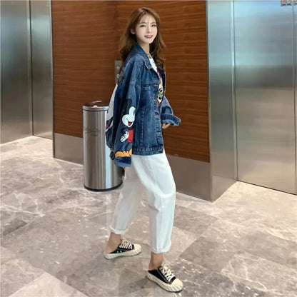 Saviig Mickey Printed Denim Jacket: Women's Preppy Style Casual Top