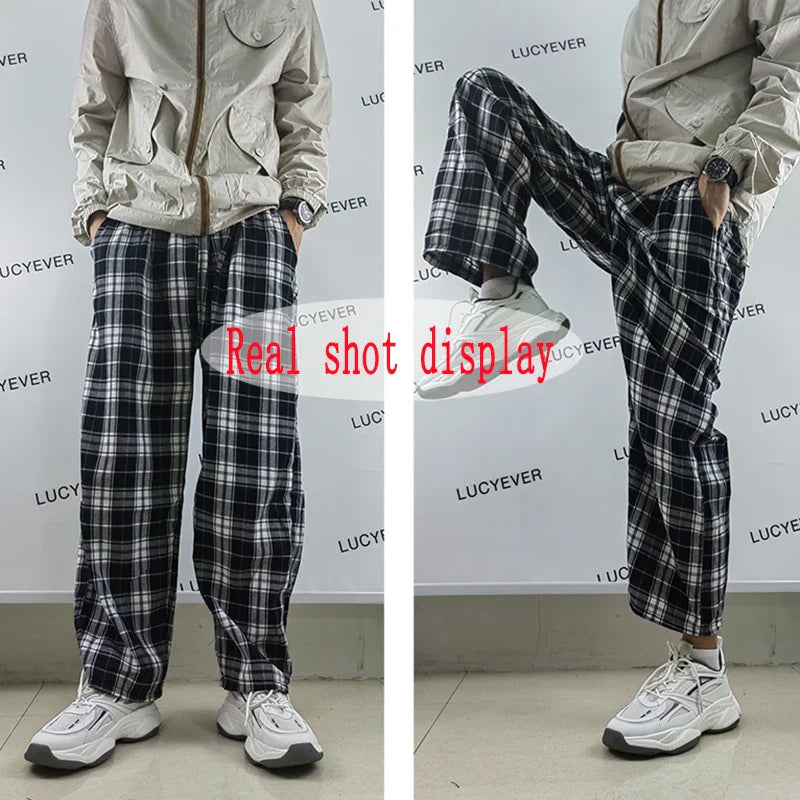 Saviig Harajuku Plaid Pants: Black and White Unisex Wide Leg Trousers