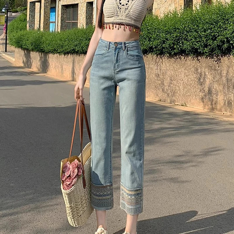 Saviig Spliced Straight Denim Pants: High Waist Ankle-Length Korean Jeans