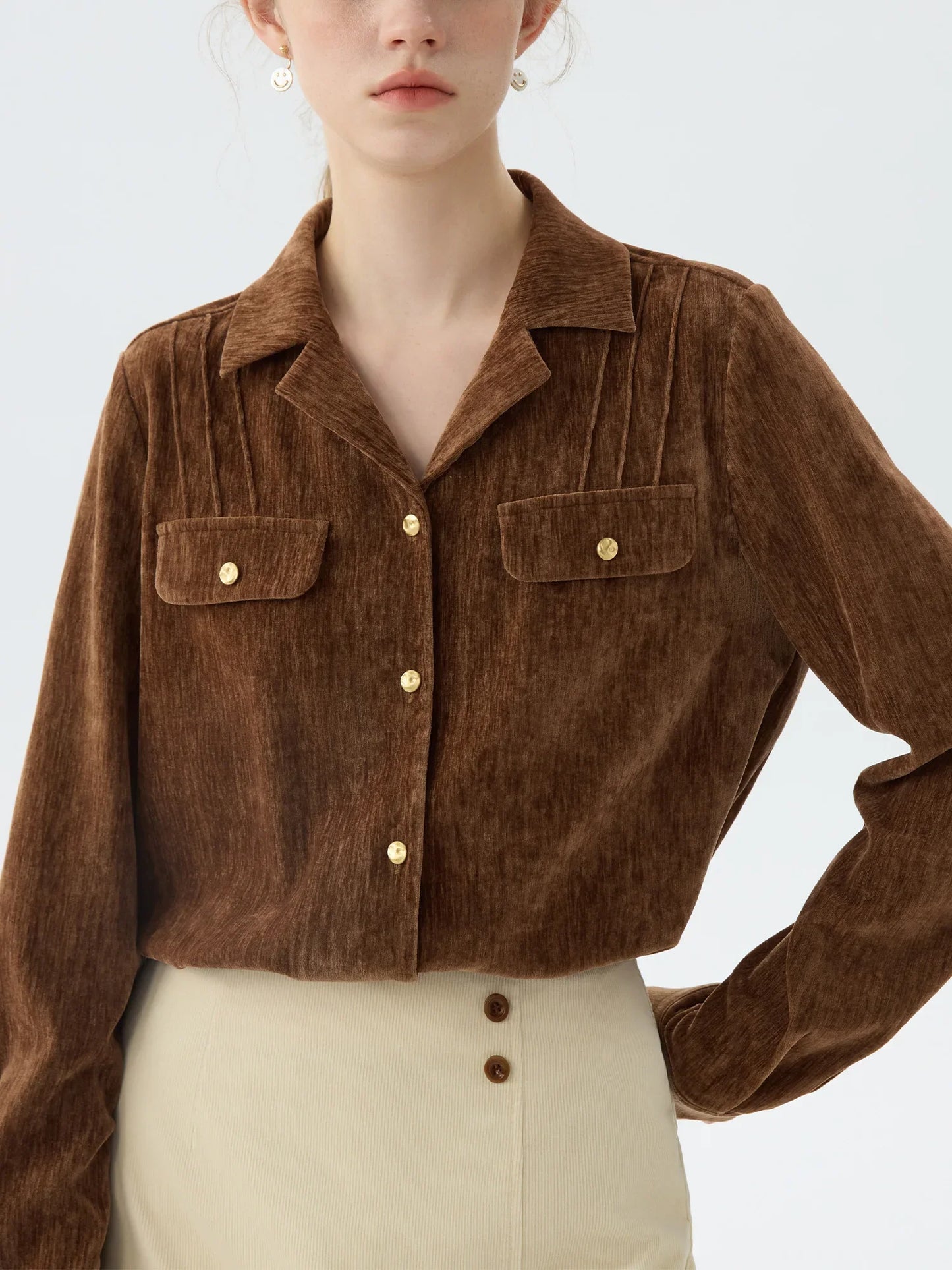 Saviig Beige Long Sleeve Turn-down Collar Women's Blouse Top