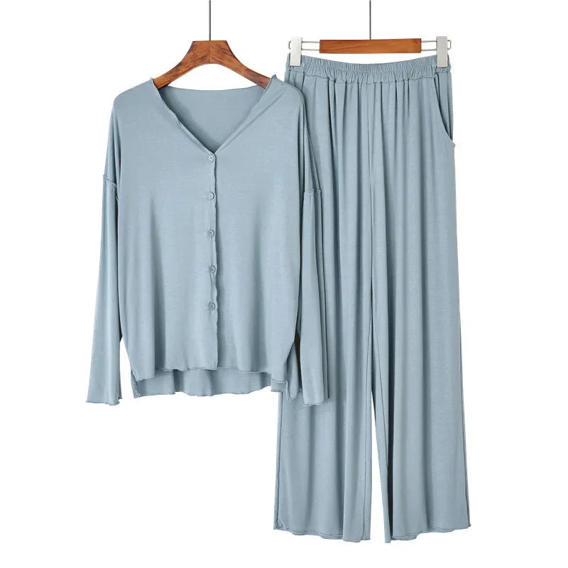 Saviig Cotton Pajama Set, Solid Color Cardigan & Long-Sleeve Pants for Women