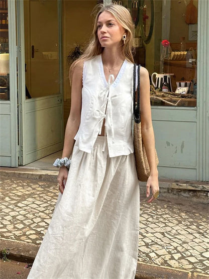 Saviig White Lace-Up Cardigan Vest V-Neck Sleeveless Bandage Top