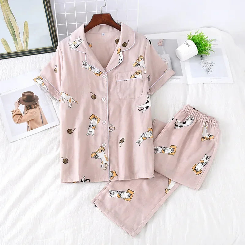 Saviig Cotton Gauze Women's Pajama Set: Short-Sleeve Top & Pants, Cute & Lightweight