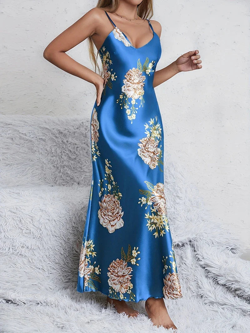 Saviig Silky V-Neck Floral Print Nightgown Sleep Dress for Women