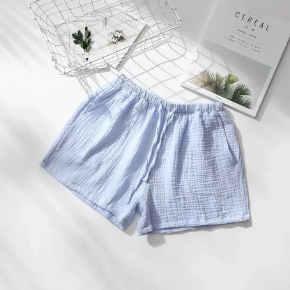 Saviig Cotton Crepe Sleep Shorts for Couples, Elastic Waist Nightwear Pajama Bottoms