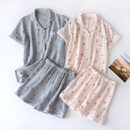 Saviig 2025 Summer Short-sleeve Pajama Set in 100% Cotton Crepe Fabric