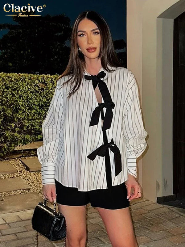 Saviig Stripe Loose Shirt: Chic Lace-Up Top, Casual Lapel, Long Sleeve, Elegant Classic trend