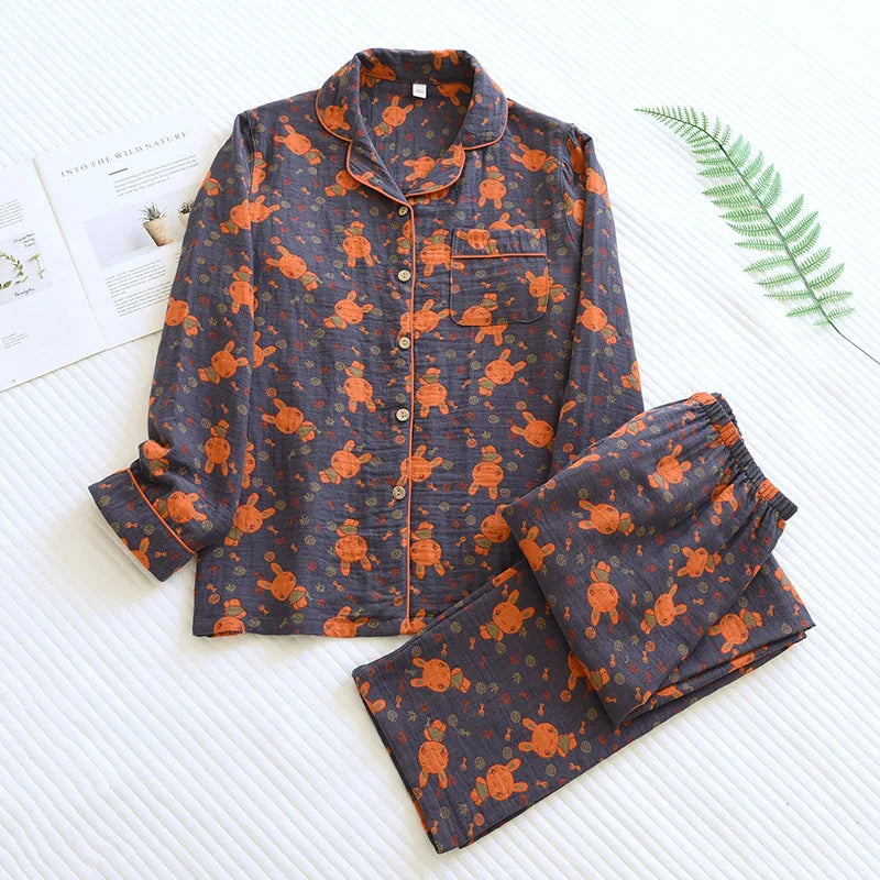 Saviig Cotton Couple Pajama Set: Long Sleeve Top and Pants for Men and Women