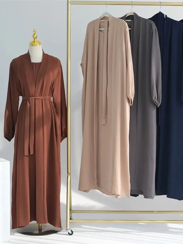 Saviig Ramadan Eid Abaya Kaftan Set with Hijab Dress & Kimono - Women's Muslim Ensemble