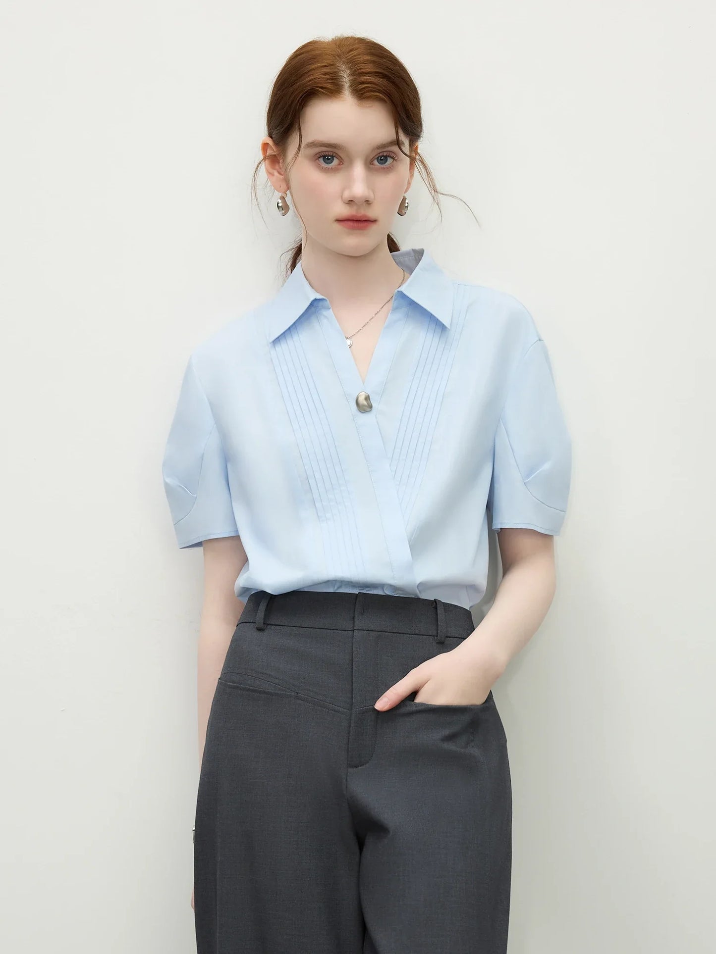Saviig White V-Neck Short-Sleeve Top - 2025 Summer Minimalist Style
