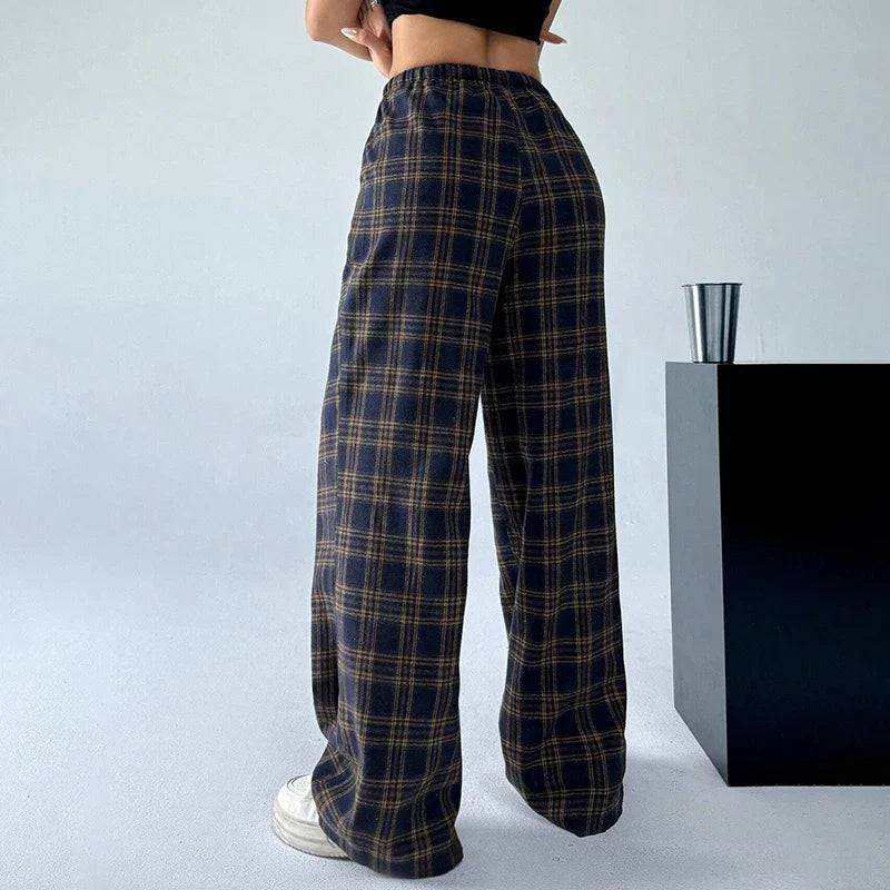 Saviig Plaid Straight Pants: Elastic Waist Drawstring Trousers