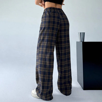Saviig Plaid Straight Pants: Elastic Waist Drawstring Trousers